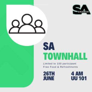 The S.A. is holding a town hall on June 26th, 4 A.M., in room U.U. 101. Limited to 100 participants and free food & refreshments will be provided.